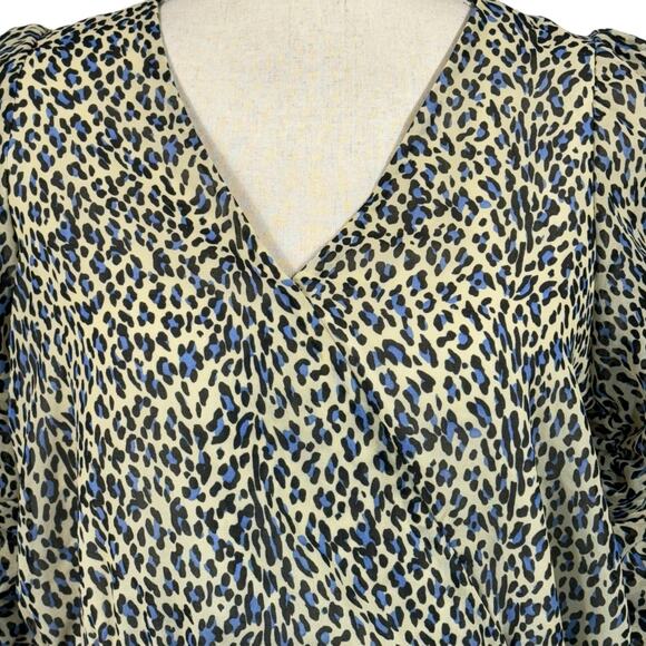Buffalo David Bitton Small Tie Wrap Top Leopard Lined Surplice Puff Sleeve Multi - Picture 2 of 10